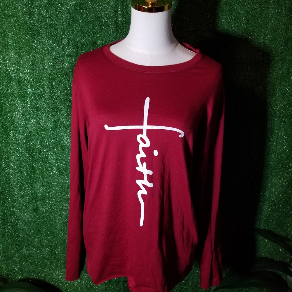 Women's Long Sleeve Faith Graphic Tee - Burgundy
